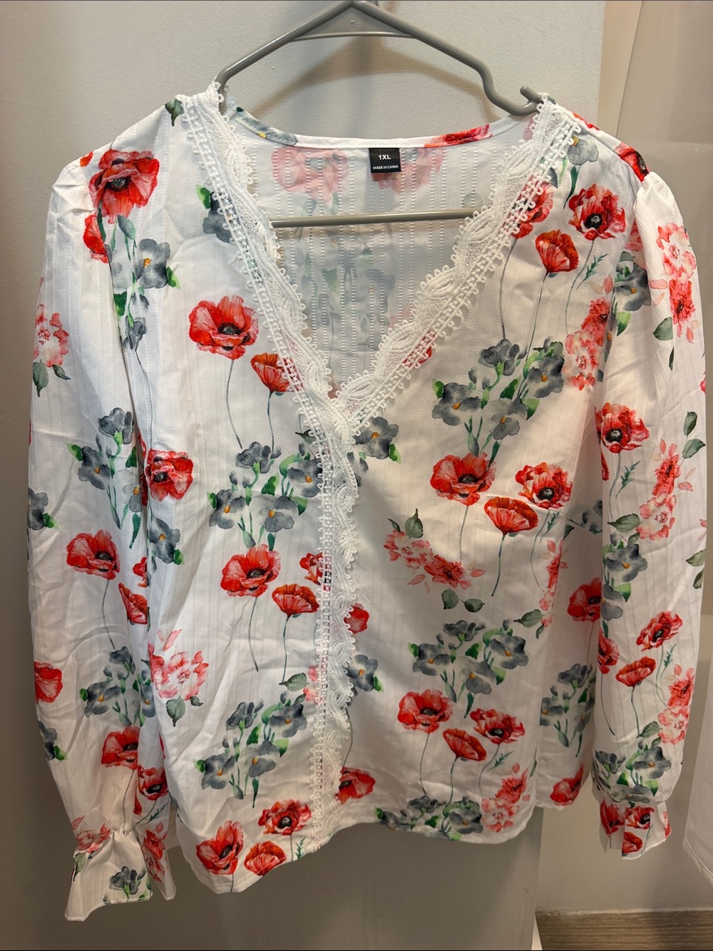 SHEIN White Wrap Blouse with Red Floral Print